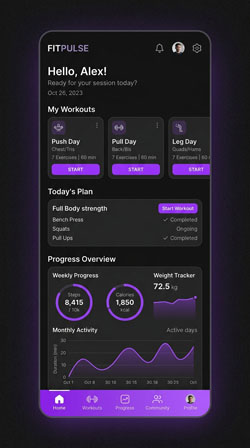FitFlex Companion Flutter mobile app interface for workout tracking and member activity